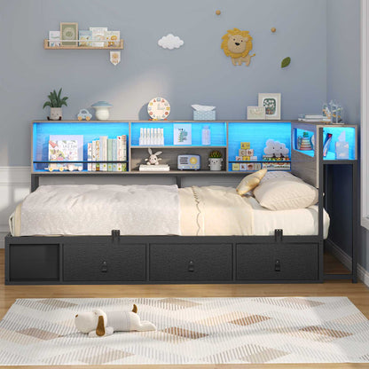 ADORNEVE Corner Bed Frame with 3 Drawers and 2 Open Cubbies Metal  Daybed with LED Light Headboard and Charging Station