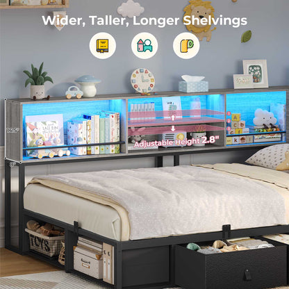 ADORNEVE Corner Bed Frame with 3 Drawers and 2 Open Cubbies Metal  Daybed with LED Light Headboard and Charging Station