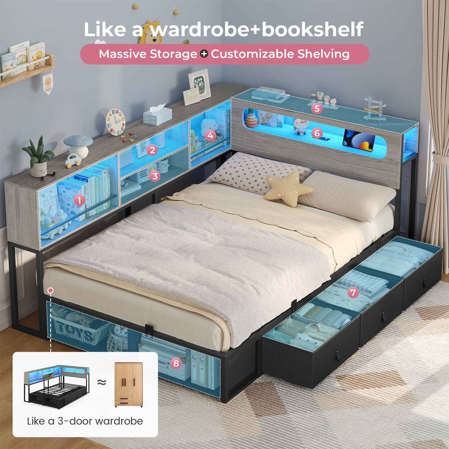 ADORNEVE Corner Bed Frame with 3 Drawers and 2 Open Cubbies Metal  Daybed with LED Light Headboard and Charging Station