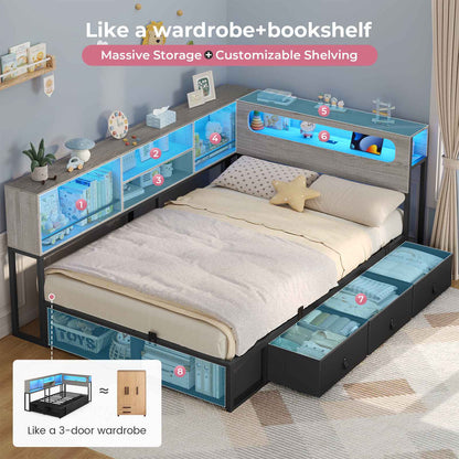 ADORNEVE Corner Bed Frame with 3 Drawers and 2 Open Cubbies Metal  Daybed with LED Light Headboard and Charging Station