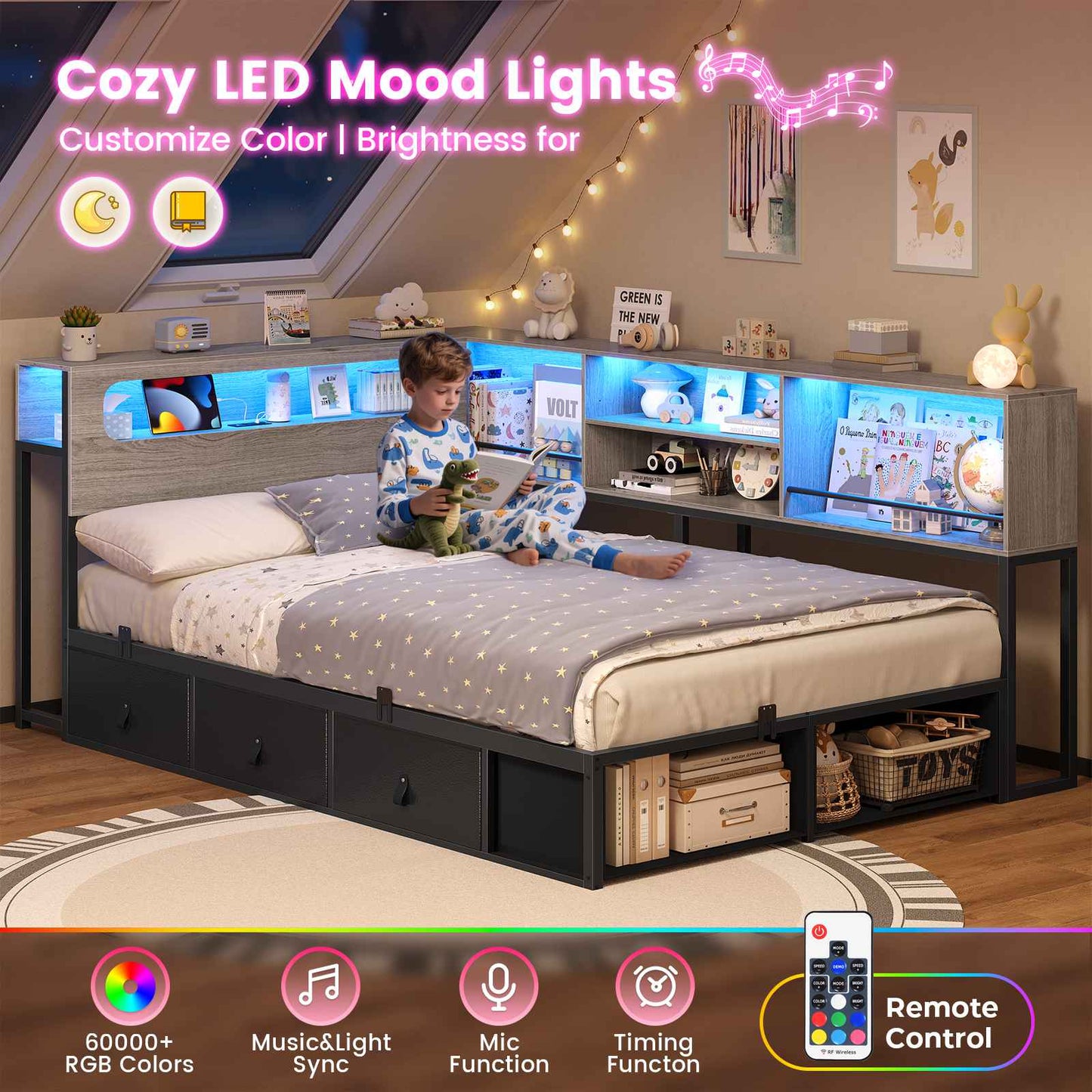 ADORNEVE Corner Bed Frame with 3 Drawers and 2 Open Cubbies Metal  Daybed with LED Light Headboard and Charging Station