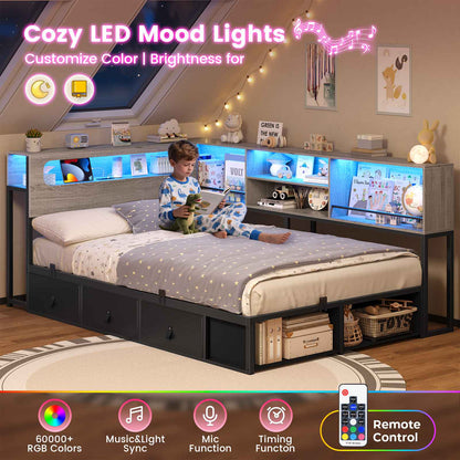 ADORNEVE Corner Bed Frame with 3 Drawers and 2 Open Cubbies Metal  Daybed with LED Light Headboard and Charging Station