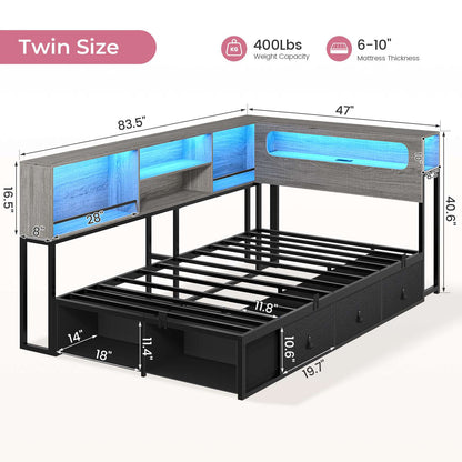 ADORNEVE Corner Bed Frame with 3 Drawers and 2 Open Cubbies Metal  Daybed with LED Light Headboard and Charging Station