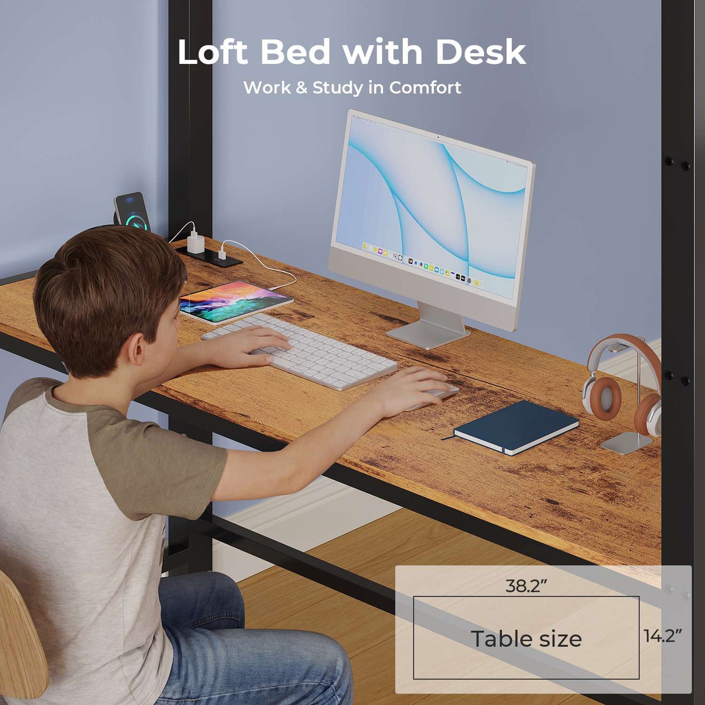 ADORNEVE Loft Bed with Desk Storage Drawers and Power Outlet Metal Twin Loft Bed with LED Lights and Safety Guardrail