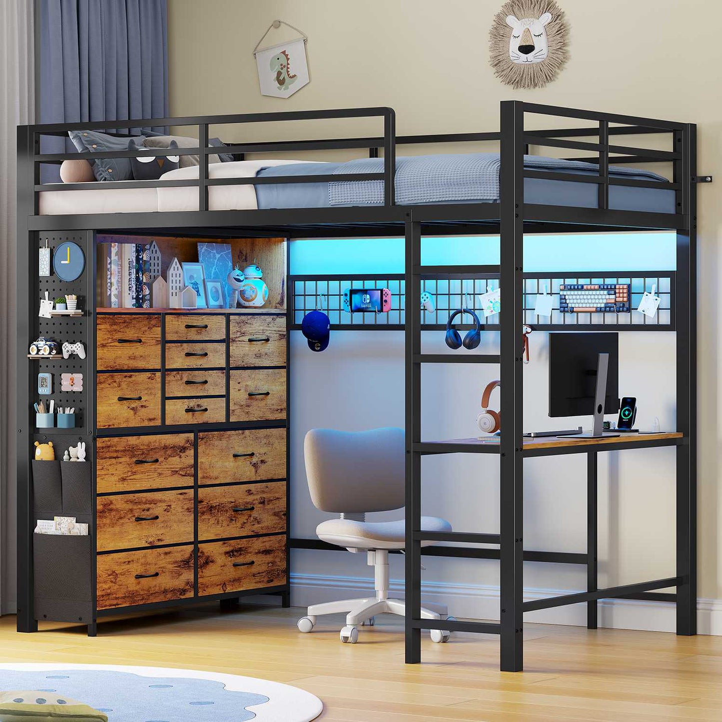 ADORNEVE Loft Bed with Desk Storage Drawers and Power Outlet Metal Twin Loft Bed with LED Lights and Safety Guardrail