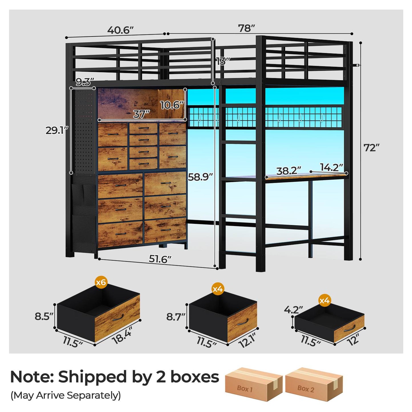 ADORNEVE Loft Bed with Desk Storage Drawers and Power Outlet Metal Twin Loft Bed with LED Lights and Safety Guardrail
