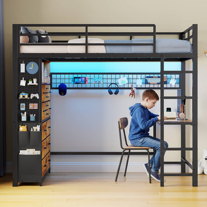 ADORNEVE Loft Bed with Desk Storage Drawers and Power Outlet Metal Twin Loft Bed with LED Lights and Safety Guardrail