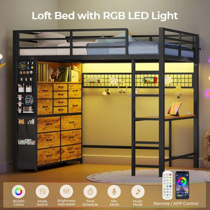 ADORNEVE Loft Bed with Desk Storage Drawers and Power Outlet Metal Twin Loft Bed with LED Lights and Safety Guardrail