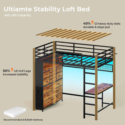 ADORNEVE Loft Bed with Desk Storage Drawers and Power Outlet Metal Twin Loft Bed with LED Lights and Safety Guardrail