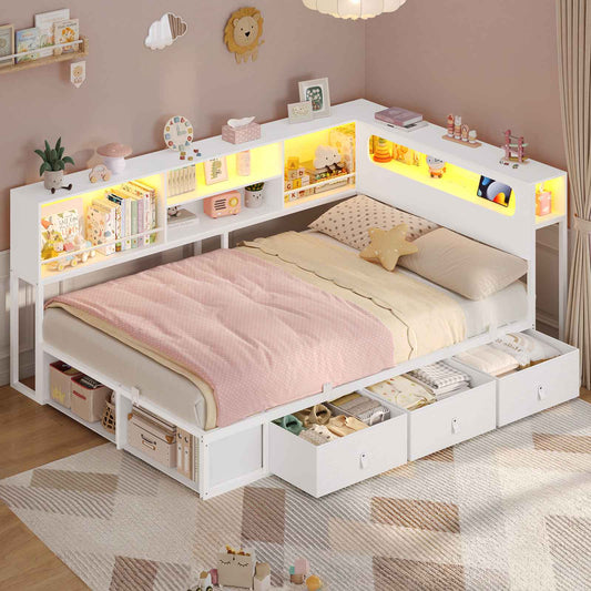 ADORNEVE Corner Bed Frame with 3 Drawers and 2 Open Cubbies Metal  Daybed with LED Light Headboard and Charging Station