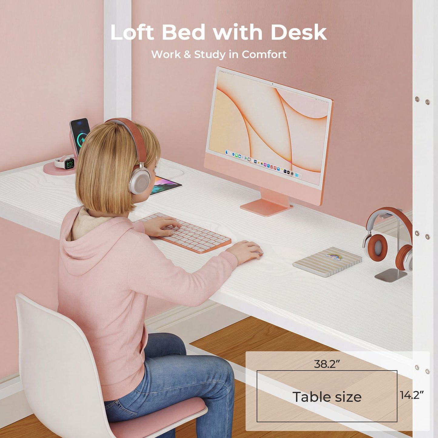 ADORNEVE Loft Bed with Desk Storage Drawers and Power Outlet Metal Twin Loft Bed with LED Lights and Safety Guardrail