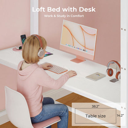 ADORNEVE Loft Bed with Desk Storage Drawers and Power Outlet Metal Twin Loft Bed with LED Lights and Safety Guardrail