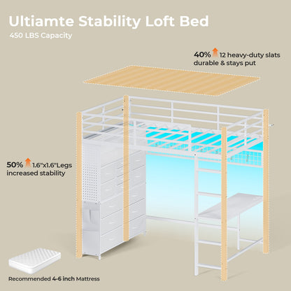 ADORNEVE Loft Bed with Desk Storage Drawers and Power Outlet Metal Twin Loft Bed with LED Lights and Safety Guardrail