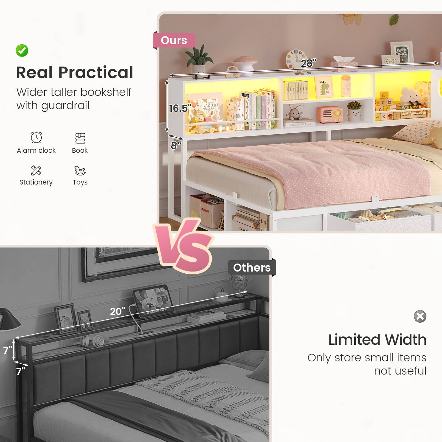 ADORNEVE Corner Bed Frame with 3 Drawers and 2 Open Cubbies Metal  Daybed with LED Light Headboard and Charging Station