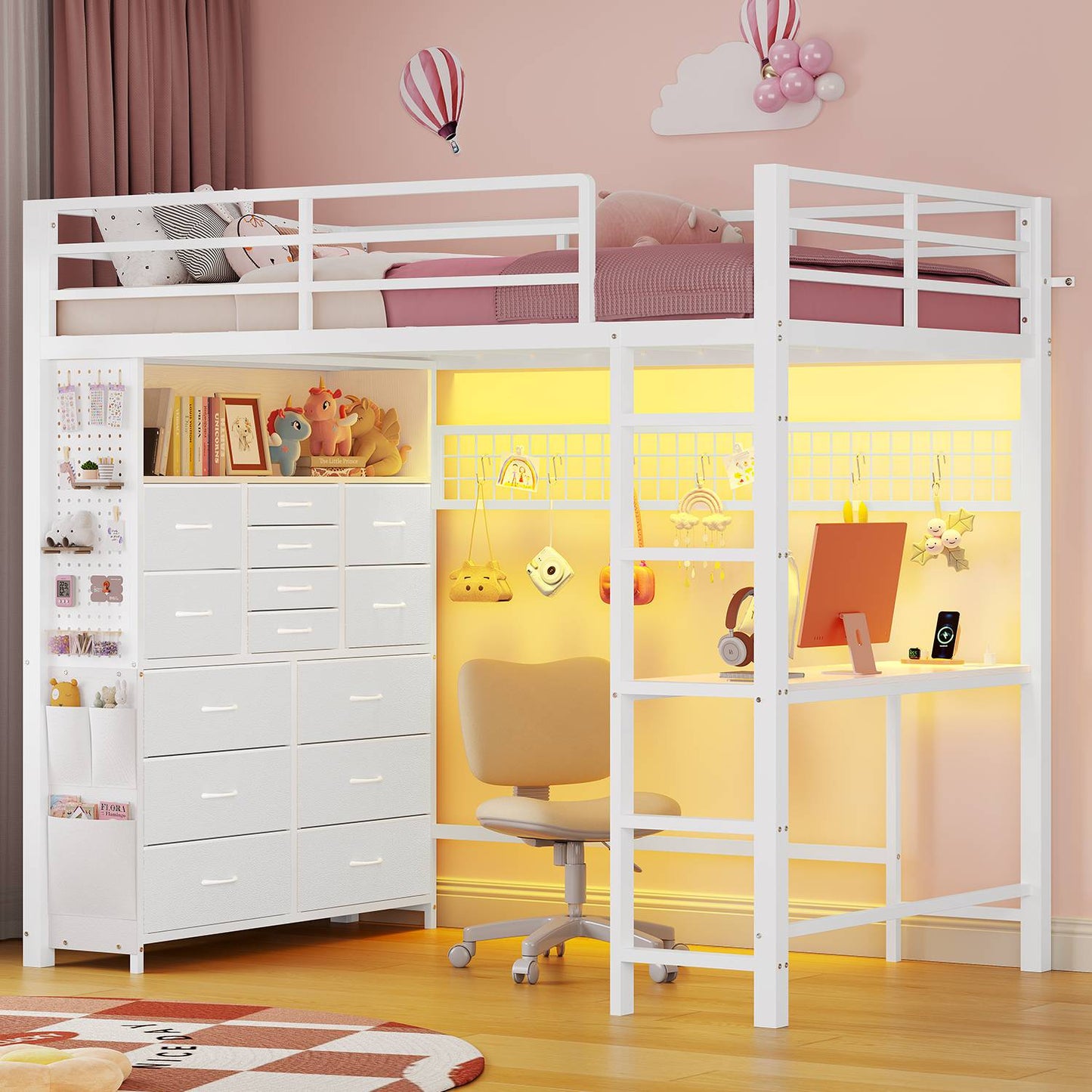 ADORNEVE Loft Bed with Desk Storage Drawers and Power Outlet Metal Twin Loft Bed with LED Lights and Safety Guardrail