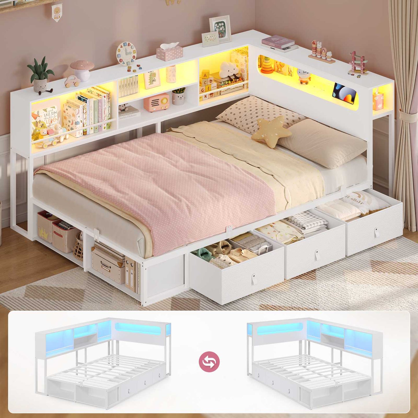 ADORNEVE Corner Bed Frame with 3 Drawers and 2 Open Cubbies Metal  Daybed with LED Light Headboard and Charging Station