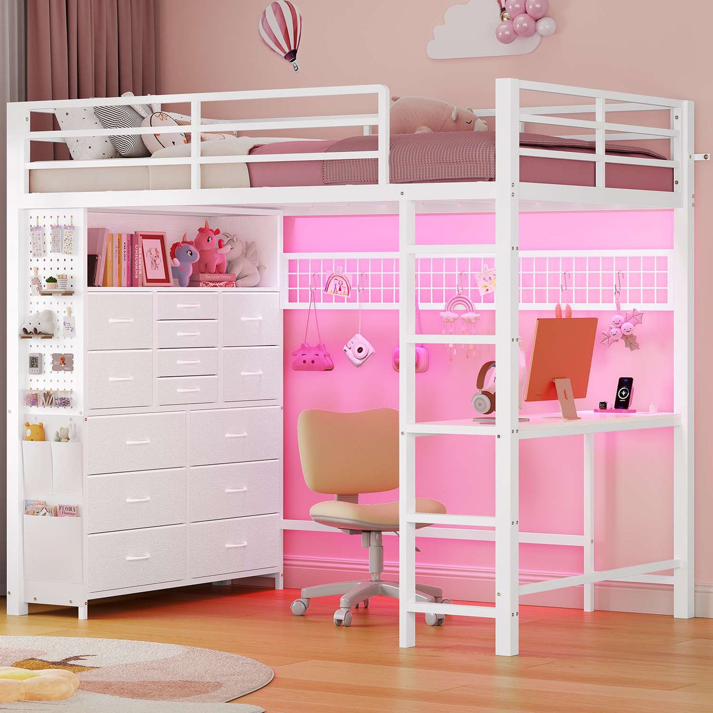 ADORNEVE Loft Bed with Desk Storage Drawers and Power Outlet Metal Twin Loft Bed with LED Lights and Safety Guardrail