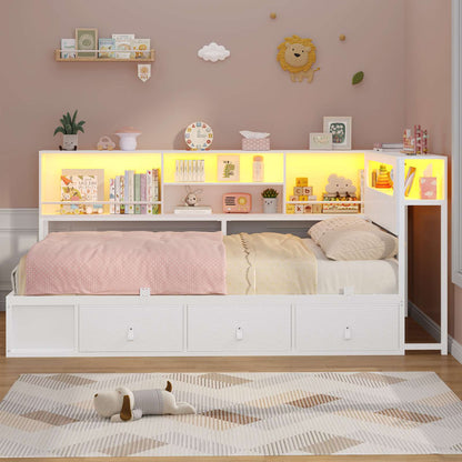 ADORNEVE Corner Bed Frame with 3 Drawers and 2 Open Cubbies Metal  Daybed with LED Light Headboard and Charging Station