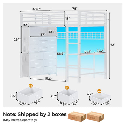 ADORNEVE Loft Bed with Desk Storage Drawers and Power Outlet Metal Twin Loft Bed with LED Lights and Safety Guardrail