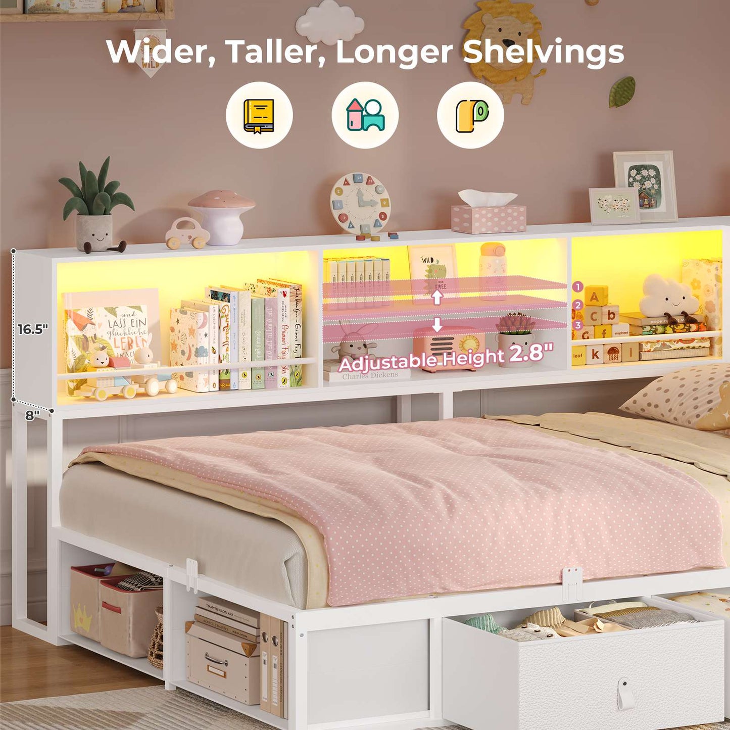 ADORNEVE Corner Bed Frame with 3 Drawers and 2 Open Cubbies Metal  Daybed with LED Light Headboard and Charging Station