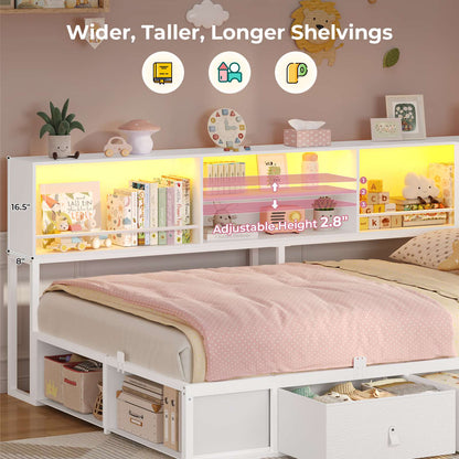 ADORNEVE Corner Bed Frame with 3 Drawers and 2 Open Cubbies Metal  Daybed with LED Light Headboard and Charging Station