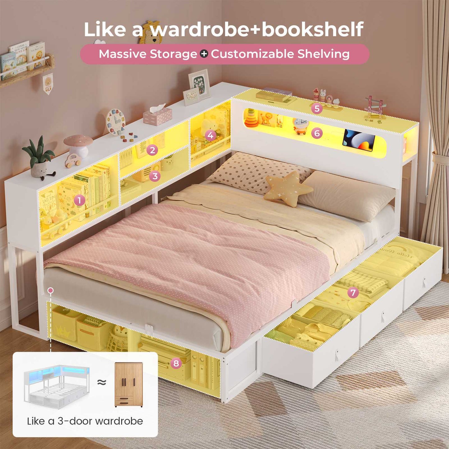 ADORNEVE Corner Bed Frame with 3 Drawers and 2 Open Cubbies Metal  Daybed with LED Light Headboard and Charging Station