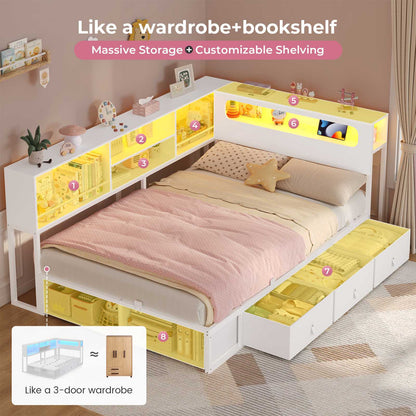 ADORNEVE Corner Bed Frame with 3 Drawers and 2 Open Cubbies Metal  Daybed with LED Light Headboard and Charging Station