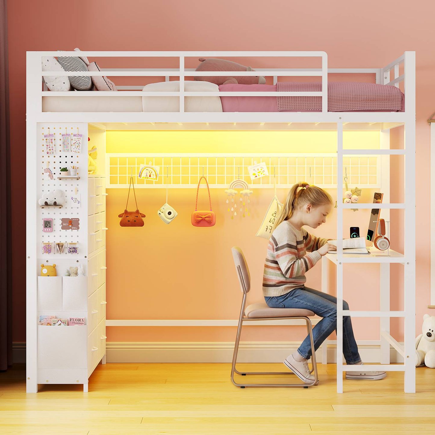 ADORNEVE Loft Bed with Desk Storage Drawers and Power Outlet Metal Twin Loft Bed with LED Lights and Safety Guardrail