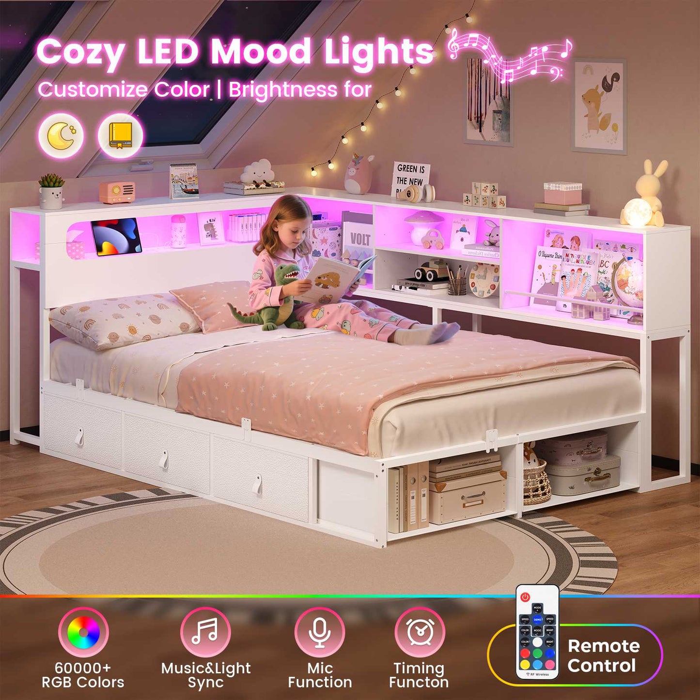 ADORNEVE Corner Bed Frame with 3 Drawers and 2 Open Cubbies Metal  Daybed with LED Light Headboard and Charging Station