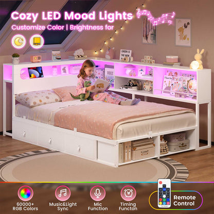 ADORNEVE Corner Bed Frame with 3 Drawers and 2 Open Cubbies Metal  Daybed with LED Light Headboard and Charging Station