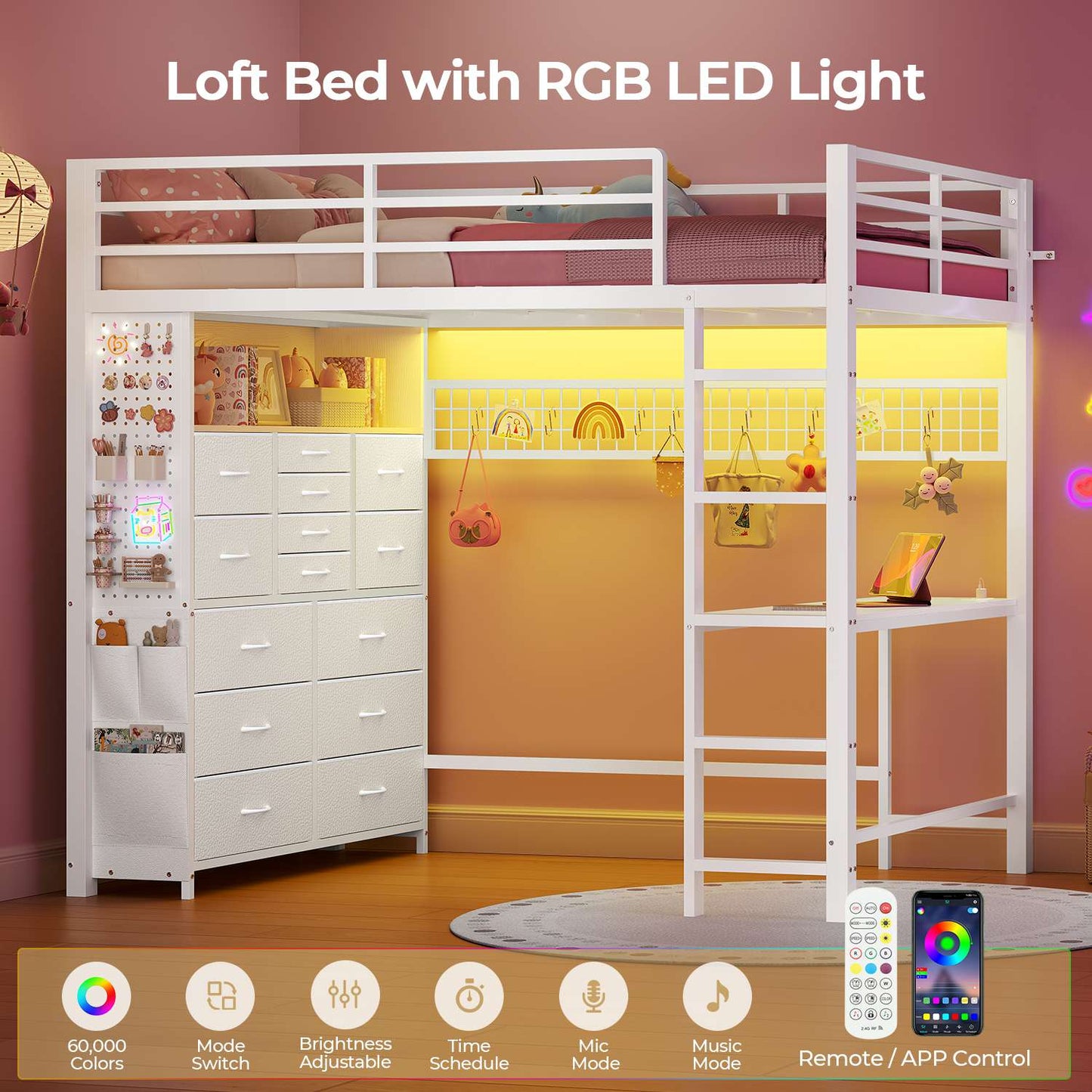 ADORNEVE Loft Bed with Desk Storage Drawers and Power Outlet Metal Twin Loft Bed with LED Lights and Safety Guardrail