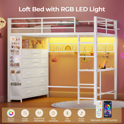 ADORNEVE Loft Bed with Desk Storage Drawers and Power Outlet Metal Twin Loft Bed with LED Lights and Safety Guardrail