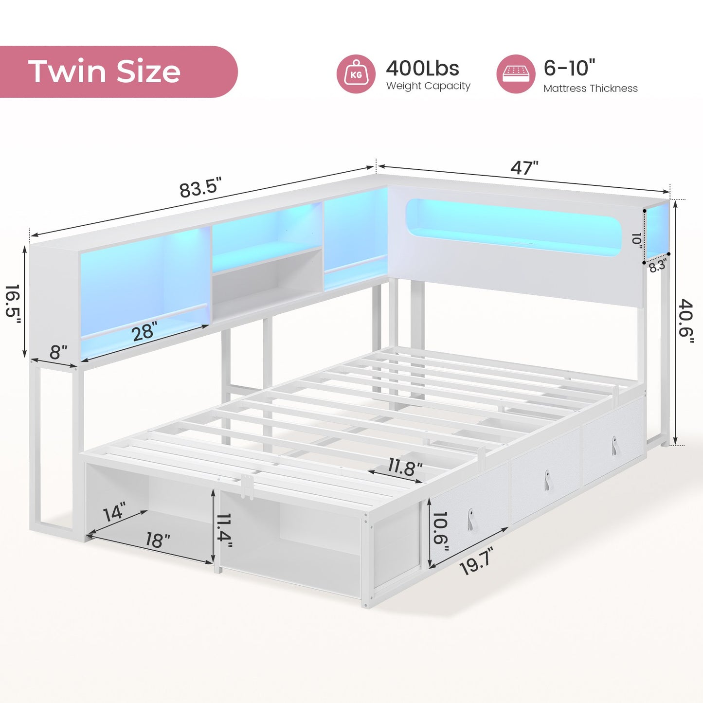 ADORNEVE Corner Bed Frame with 3 Drawers and 2 Open Cubbies Metal  Daybed with LED Light Headboard and Charging Station
