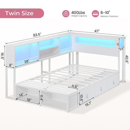 ADORNEVE Corner Bed Frame with 3 Drawers and 2 Open Cubbies Metal  Daybed with LED Light Headboard and Charging Station
