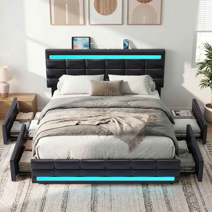 ADORNEVE Bed Frame Queen size with 4 Storage Drawers and Charging Station  Metal and Wood Platform Bed with Upholstered Headboard and LED Lights