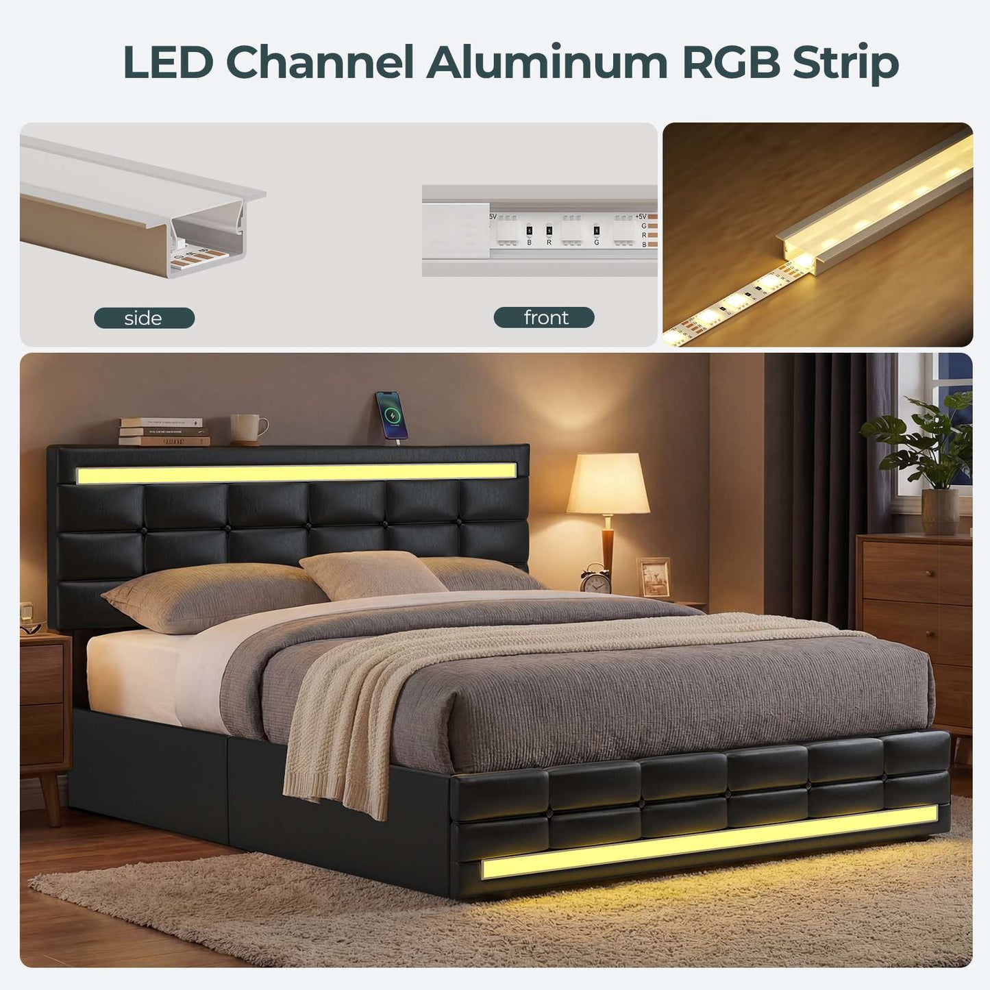 ADORNEVE Bed Frame Queen size with 4 Storage Drawers and Charging Station  Metal and Wood Platform Bed with Upholstered Headboard and LED Lights
