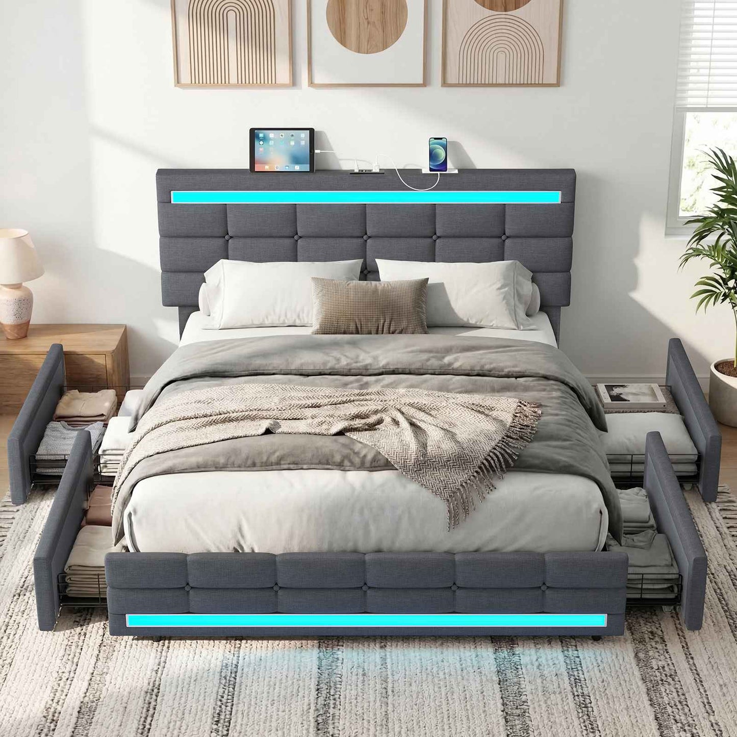 ADORNEVE Bed Frame Queen size with 4 Storage Drawers and Charging Station  Metal and Wood Platform Bed with Upholstered Headboard and LED Lights