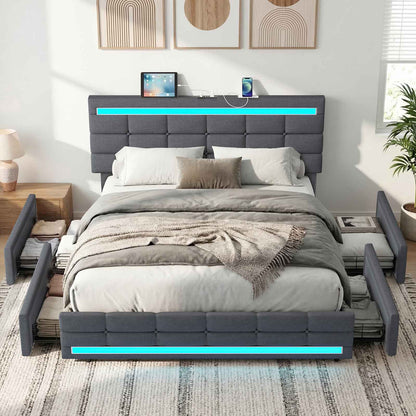 ADORNEVE Bed Frame Queen size with 4 Storage Drawers and Charging Station  Metal and Wood Platform Bed with Upholstered Headboard and LED Lights