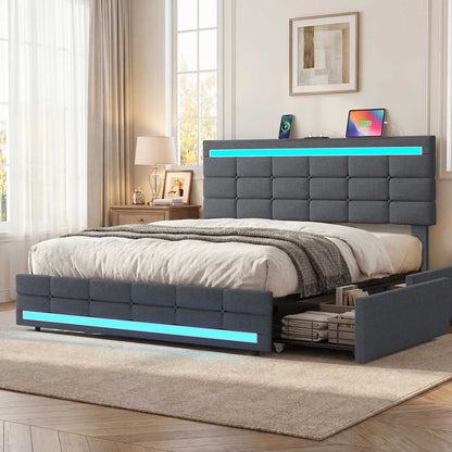 ADORNEVE Bed Frame Queen size with 4 Storage Drawers and Charging Station  Metal and Wood Platform Bed with Upholstered Headboard and LED Lights