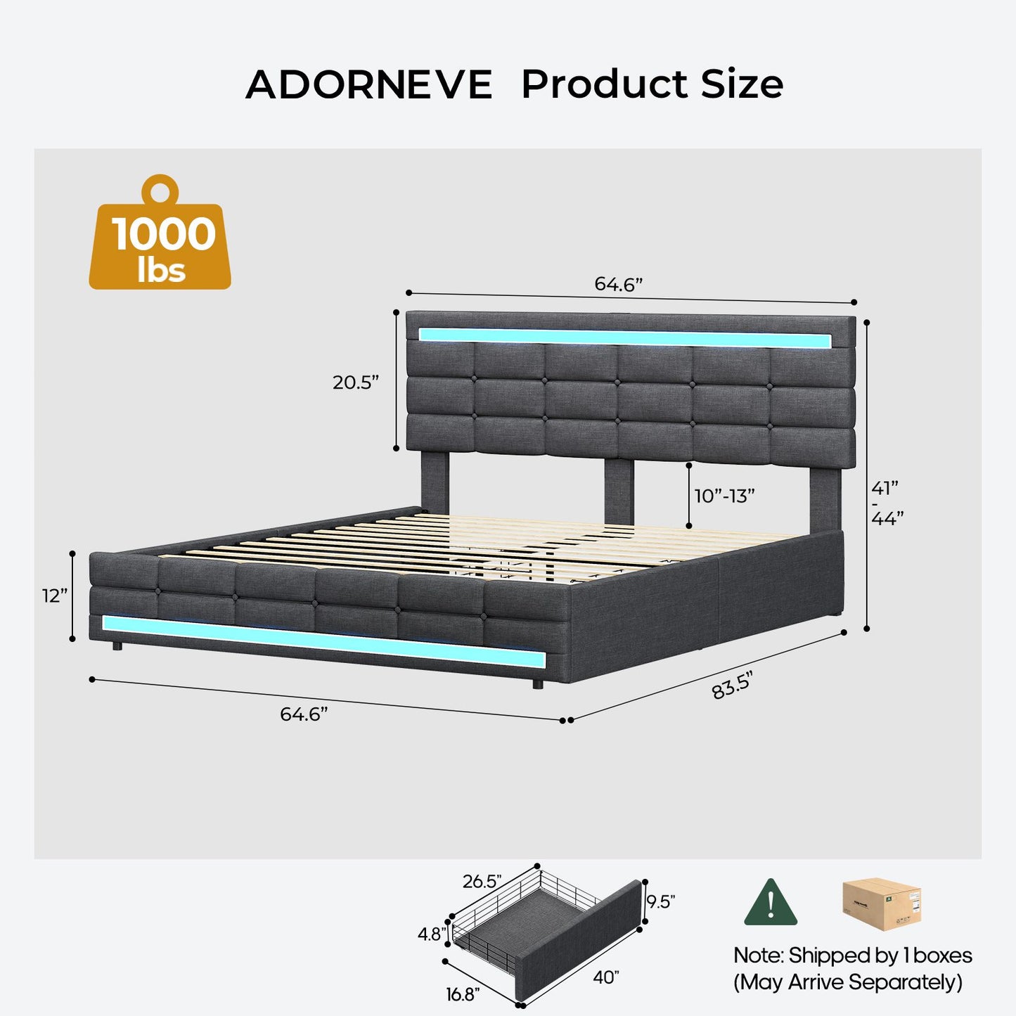 ADORNEVE Bed Frame Queen size with 4 Storage Drawers and Charging Station  Metal and Wood Platform Bed with Upholstered Headboard and LED Lights