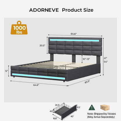 ADORNEVE Bed Frame Queen size with 4 Storage Drawers and Charging Station  Metal and Wood Platform Bed with Upholstered Headboard and LED Lights