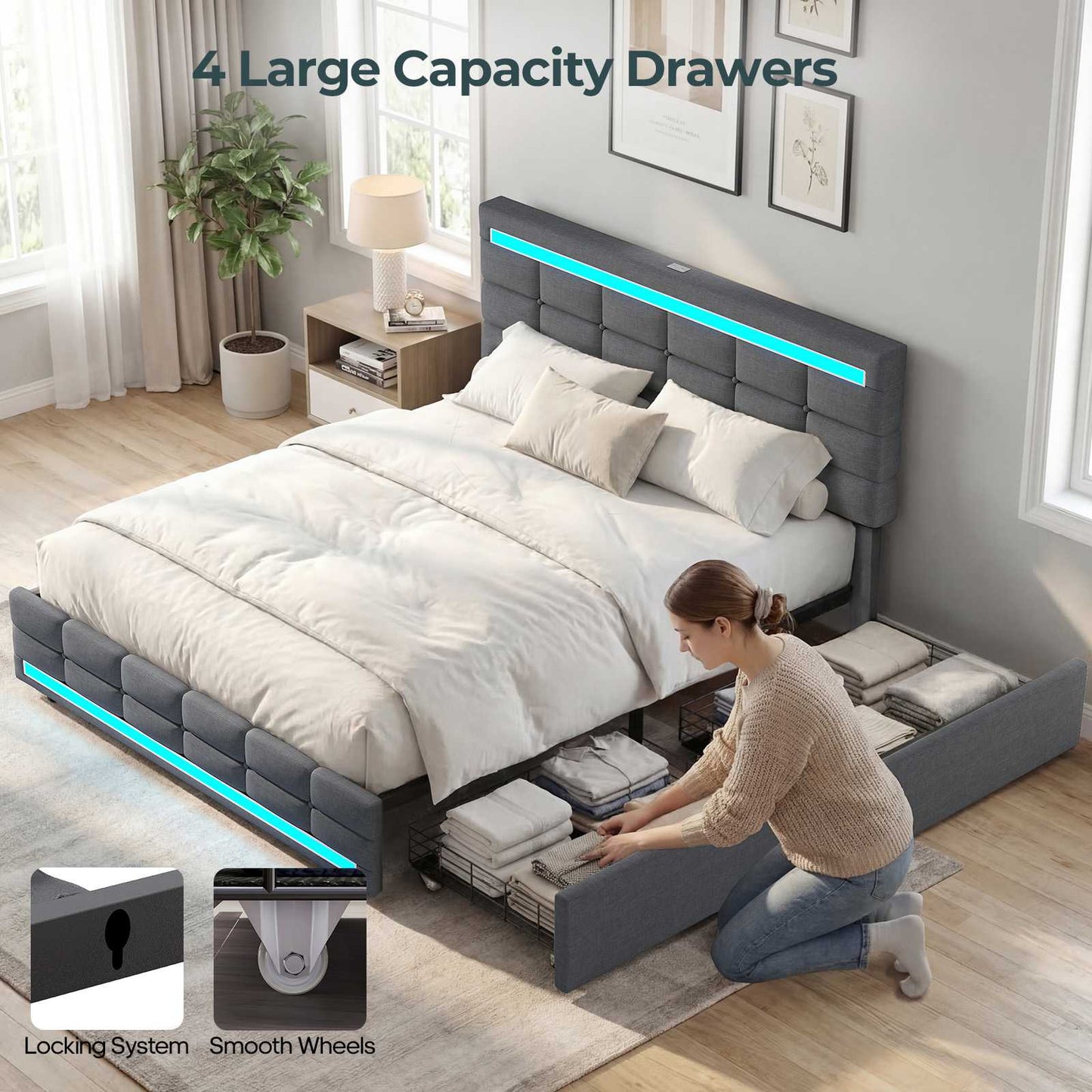 ADORNEVE Bed Frame Queen size with 4 Storage Drawers and Charging Station  Metal and Wood Platform Bed with Upholstered Headboard and LED Lights
