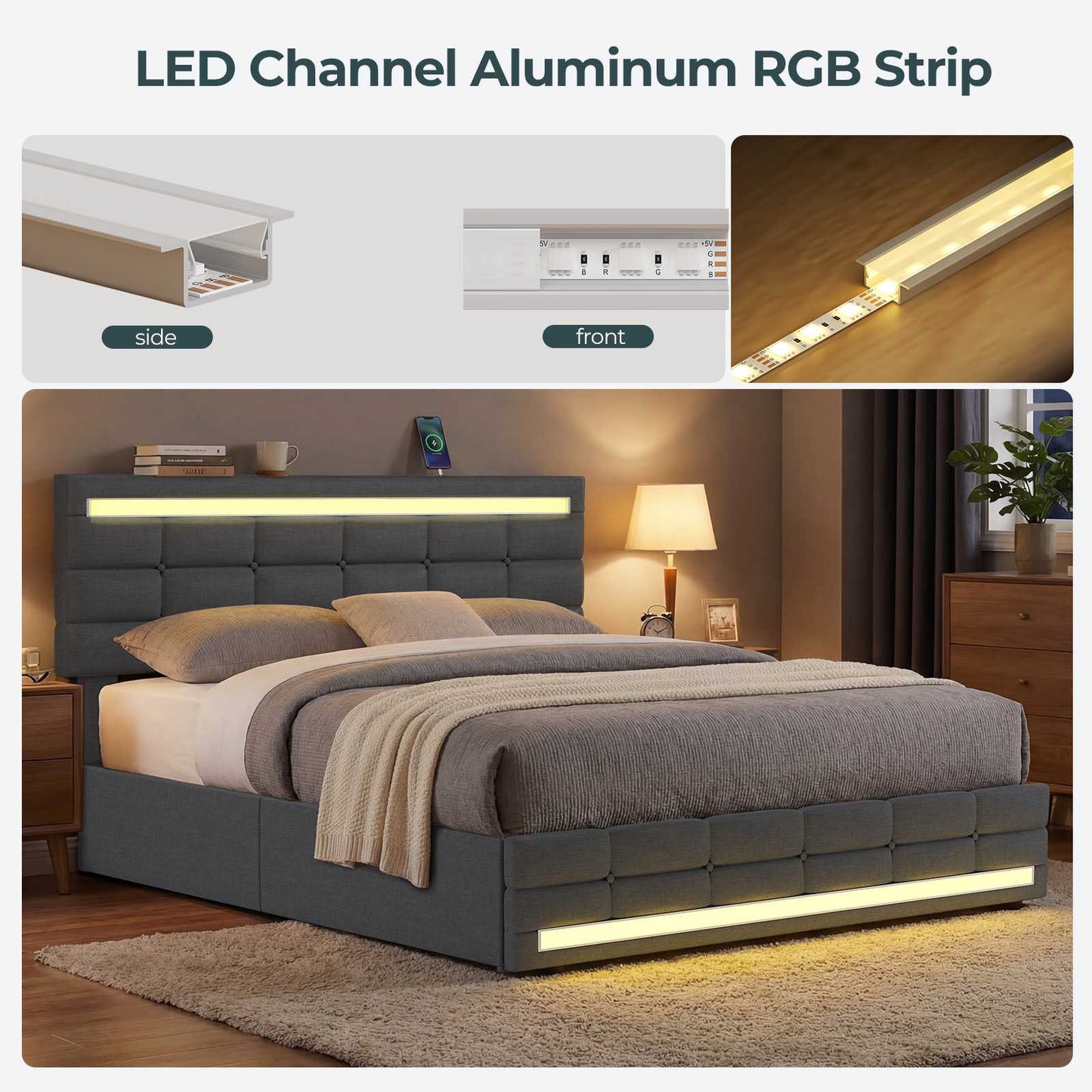ADORNEVE Bed Frame Queen size with 4 Storage Drawers and Charging Station  Metal and Wood Platform Bed with Upholstered Headboard and LED Lights