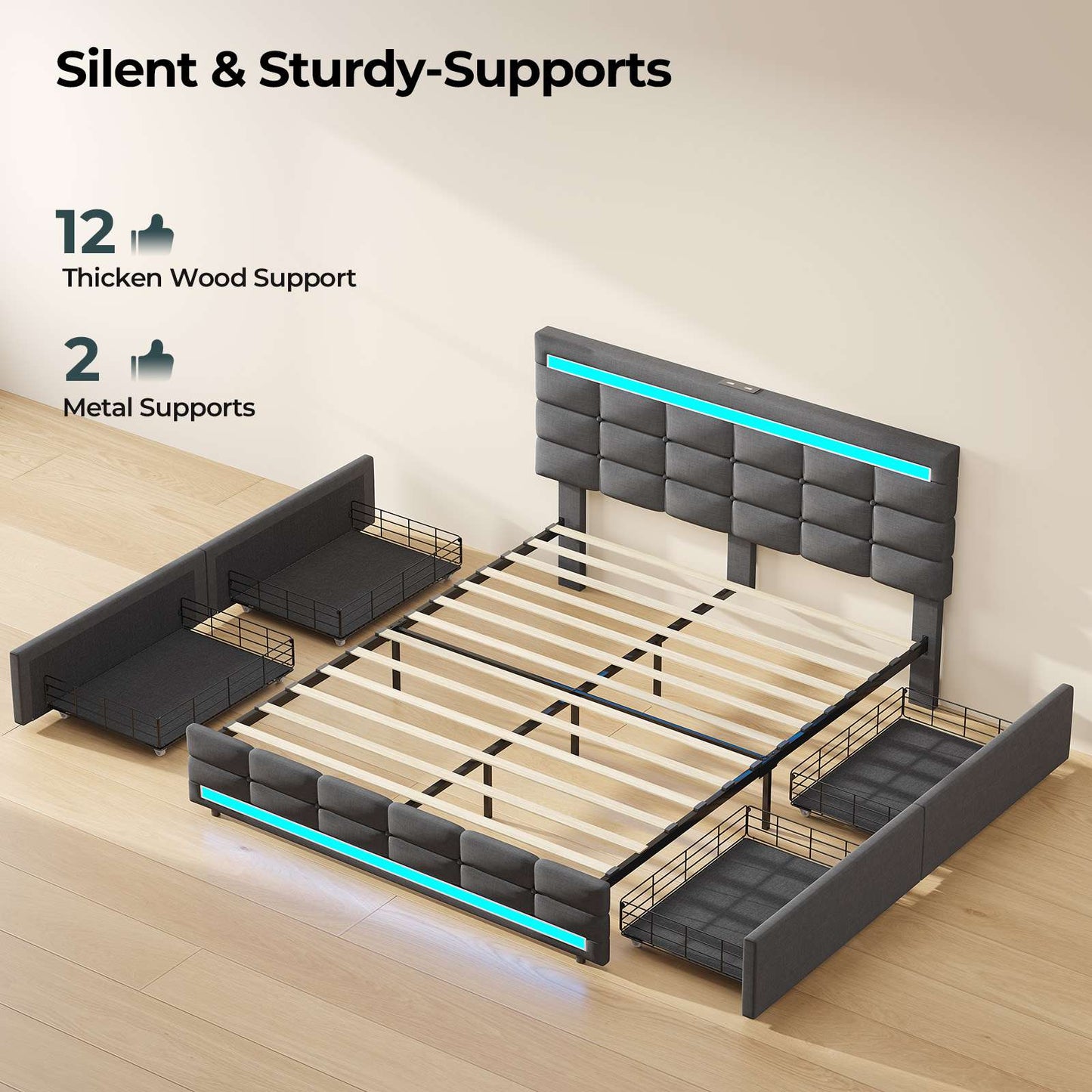ADORNEVE Bed Frame Queen size with 4 Storage Drawers and Charging Station  Metal and Wood Platform Bed with Upholstered Headboard and LED Lights