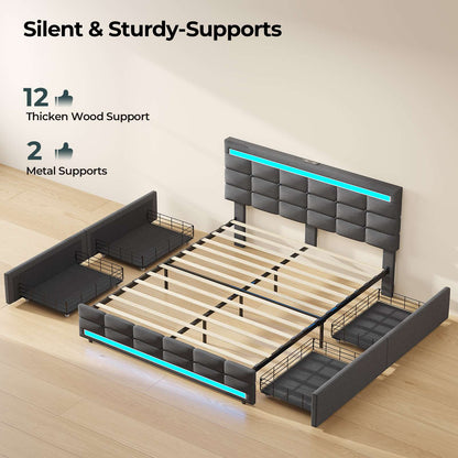ADORNEVE Bed Frame Queen size with 4 Storage Drawers and Charging Station  Metal and Wood Platform Bed with Upholstered Headboard and LED Lights