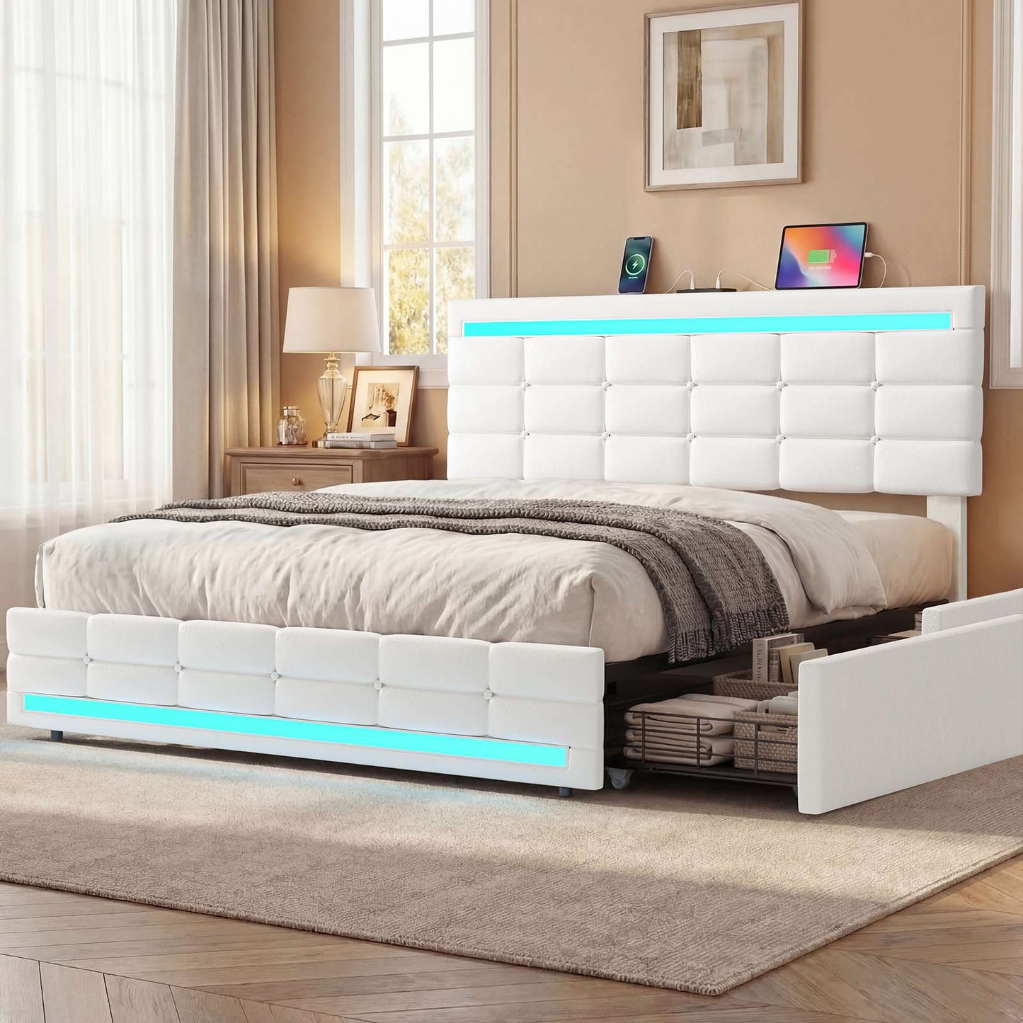 ADORNEVE Bed Frame Queen size with 4 Storage Drawers and Charging Station  Metal and Wood Platform Bed with Upholstered Headboard and LED Lights
