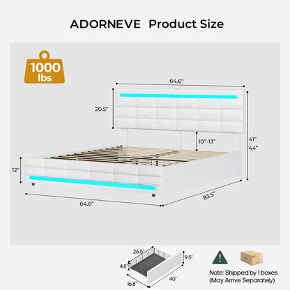 ADORNEVE Bed Frame Queen size with 4 Storage Drawers and Charging Station  Metal and Wood Platform Bed with Upholstered Headboard and LED Lights