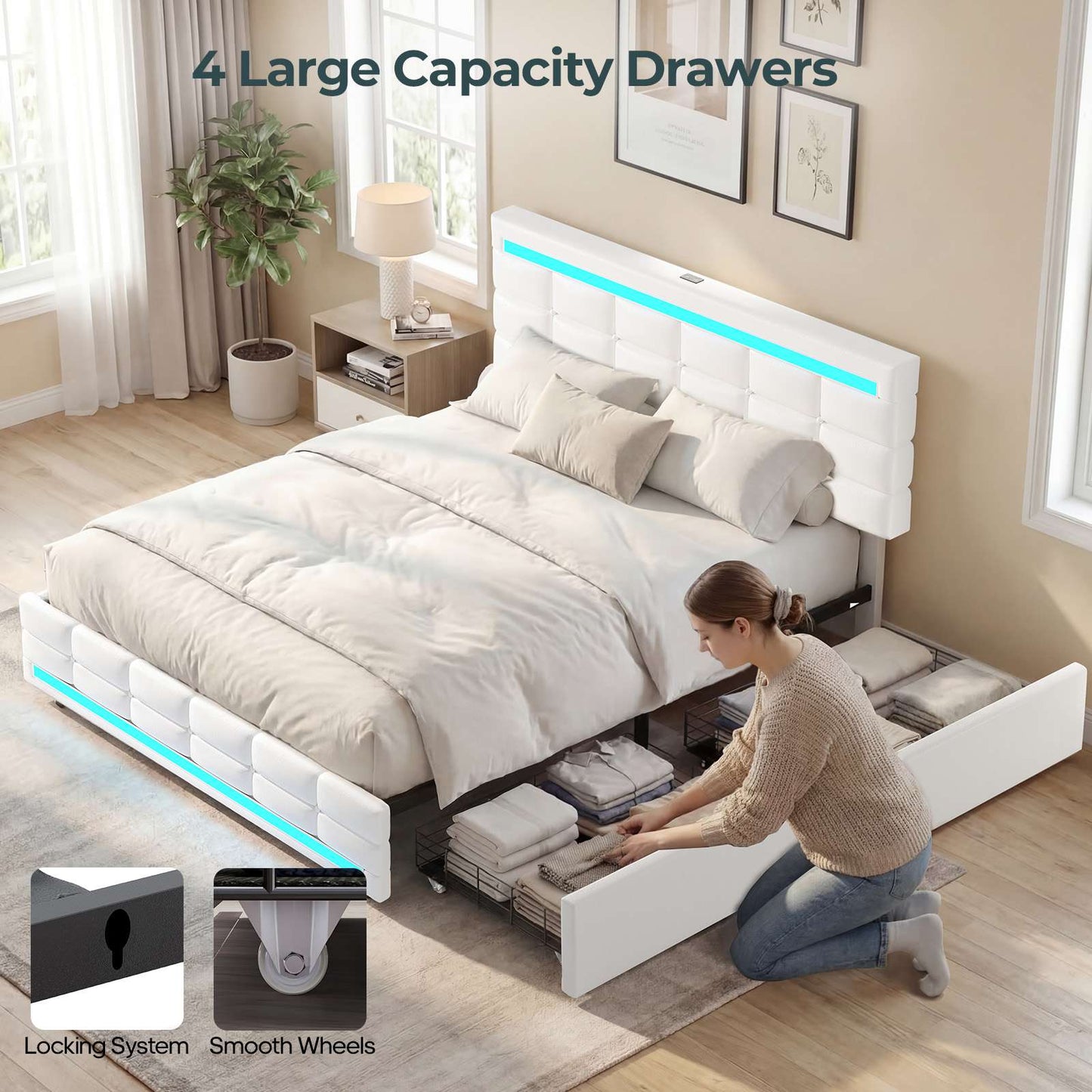 ADORNEVE Bed Frame Queen size with 4 Storage Drawers and Charging Station  Metal and Wood Platform Bed with Upholstered Headboard and LED Lights