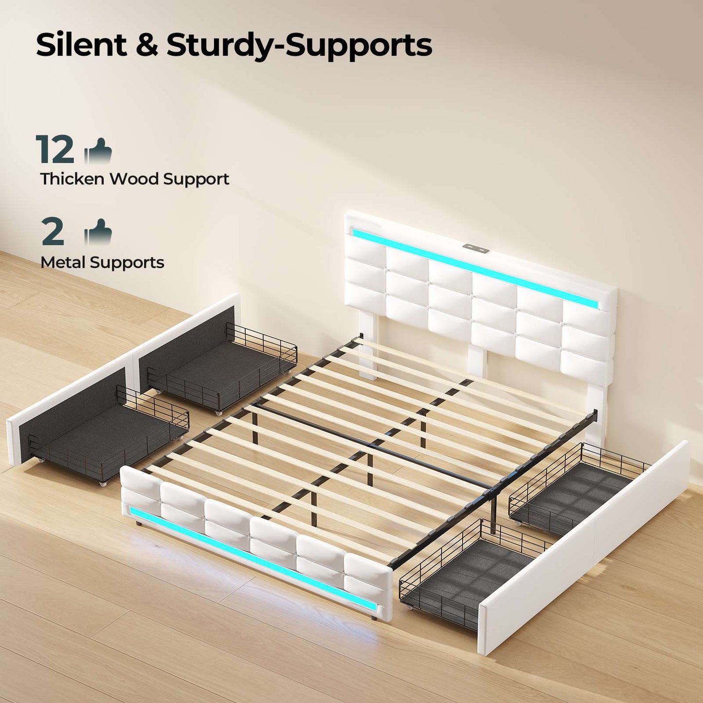 ADORNEVE Bed Frame Queen size with 4 Storage Drawers and Charging Station  Metal and Wood Platform Bed with Upholstered Headboard and LED Lights