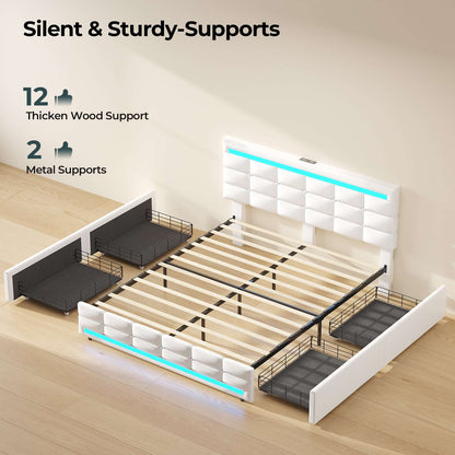 ADORNEVE Bed Frame Queen size with 4 Storage Drawers and Charging Station  Metal and Wood Platform Bed with Upholstered Headboard and LED Lights